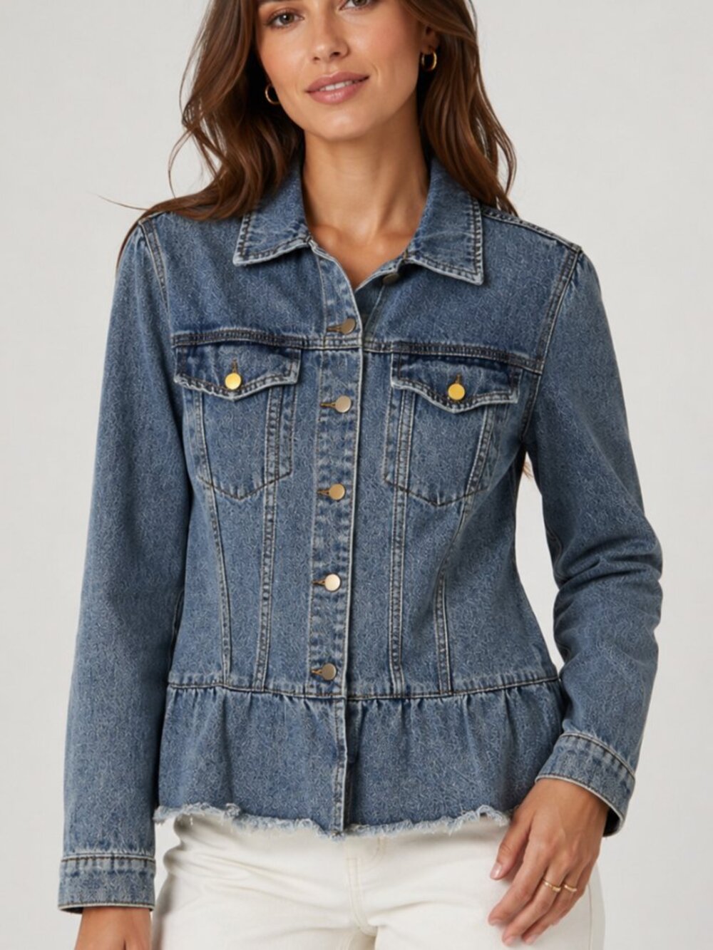 Hayden Los Angeles Womens Peplum Large Denim Jacket Med Wash Raw Hem Cotton